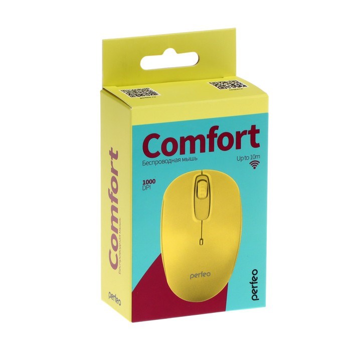 Мышь Perfeo "COMFORT", беспроводная, оптическая, 1000 dpi, 2xAAA (не в компл), жёлтая - фото 51377546