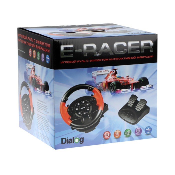 Руль Dialog GW-125VR E-Racer, проводной, вибрация, для PC, 2 педали, пычаг ПП, USB - фото 51377794