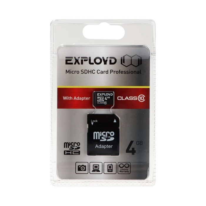 Карта памяти Exployd MicroSD, 4 Гб, SDHC, класс 10, с адаптером SD - фото 51378081