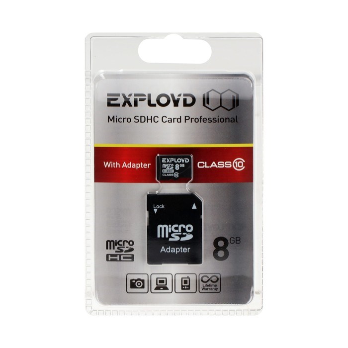 Карта памяти Exployd MicroSD, 8 Гб, SDHC, класс 10, с адаптером SD - фото 51378083