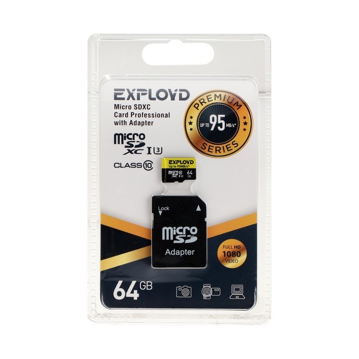 Карта памяти Exployd MicroSD, 64 Гб, SDHC, UHS-1, класс 10, 95 Мб/с, с адаптером SD - фото 51378107