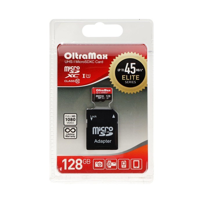 Карта памяти OltraMax MicroSD, 128 Гб, SDHC, UHS-1, класс 10, 45 Мб/с, с адаптером SD - фото 51378109