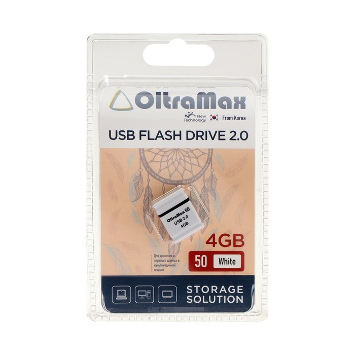 Флешка OltraMax 50, 4 Гб, USB2.0, чт до 15 Мб/с, зап до 8 Мб/с, белая - фото 51378117