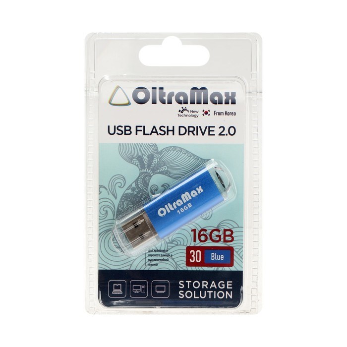 Флешка OltraMax 30, 16 Гб, USB2.0, чт до 15 Мб/с, зап до 8 Мб/с, синяя - фото 51378179