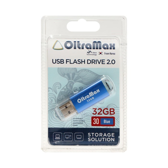 Флешка OltraMax 30, 32 Гб, USB2.0, чт до 15 Мб/с, зап до 8 Мб/с, синяя - фото 51378203