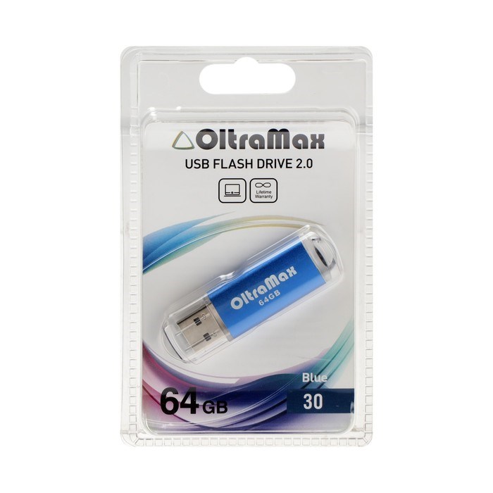 Флешка OltraMax 30, 64 Гб, USB2.0, чт до 15 Мб/с, зап до 8 Мб/с, синяя - фото 51378221