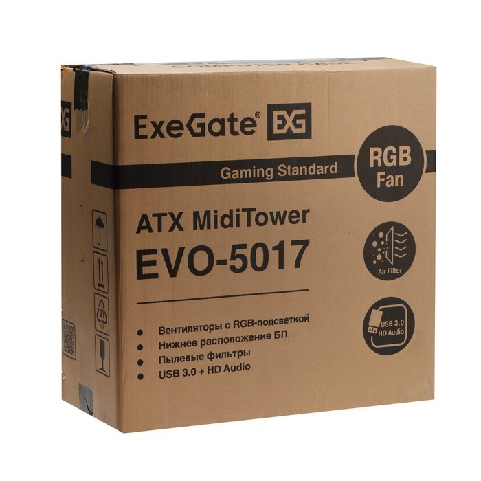 Корпус ExeGate Miditower EVO-5017, без БП, ATX, 1хUSB 2.0, 1хUSB 3.0, подсветка, чёрный - фото 51378371