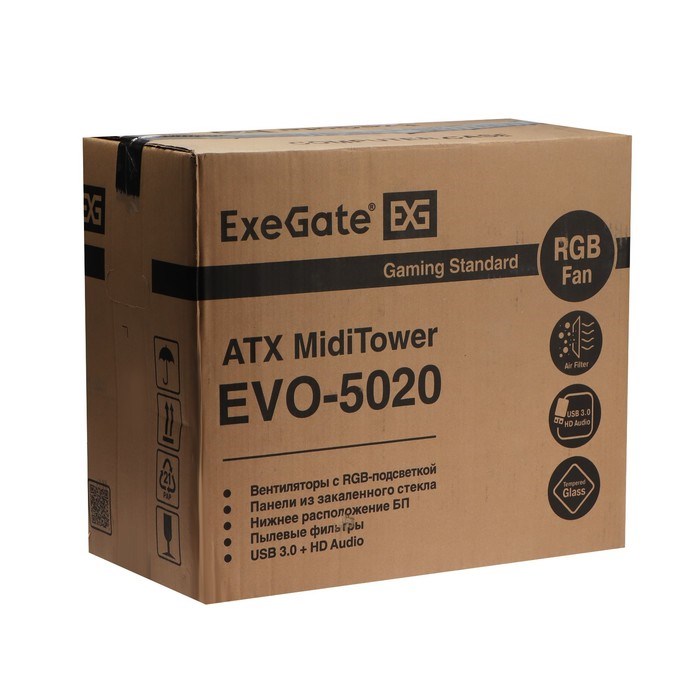 Корпус ExeGate Miditower EVO-5020, без БП, ATX, 2хUSB 2.0, 1хUSB 3.0, подсветка, чёрный - фото 51378380