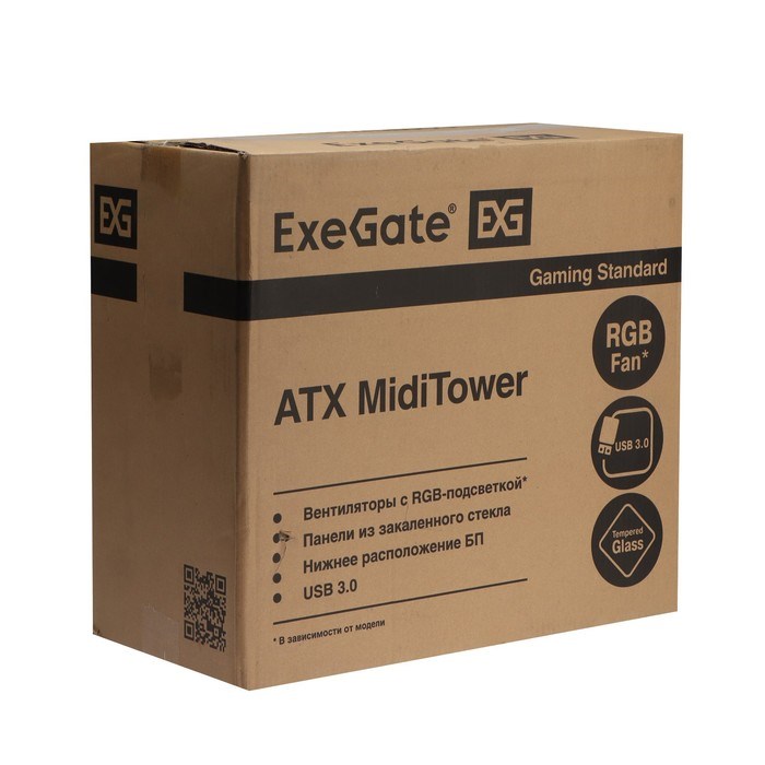 Корпус ExeGate Miditower EVO-8225, без БП, ATX, 2хUSB 2.0, 1хUSB 3.0, подсветка, чёрный - фото 51378389