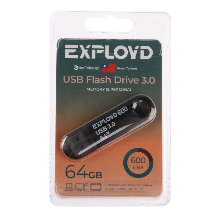 Флешка Exployd 600, 64 Гб, USB3.0, чт до 70 Мб/с, зап до 20 Мб/с, черная - фото 51380026