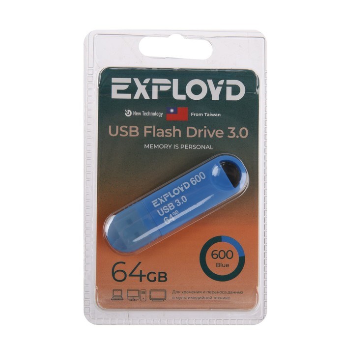 Флешка Exployd 600, 64 Гб, USB3.0, чт до 70 Мб/с, зап до 20 Мб/с, синяя - фото 51380028