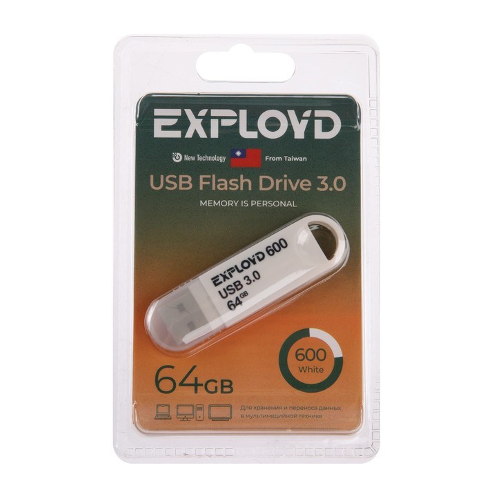 Флешка Exployd 600, 64 Гб, USB3.0, чт до 70 Мб/с, зап до 20 Мб/с, белая - фото 51380030