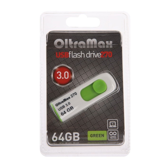 Флешка OltraMax 270, 64 Гб, USB3.0, чт до 70 Мб/с, зап до 20 Мб/с, зеленая - фото 51380036