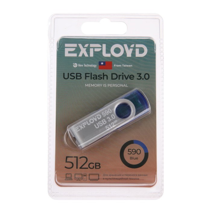 Флешка Exployd 590, 512 Гб, USB3.0, чт до 70 Мб/с, зап до 20 Мб/с, синяя - фото 51380053