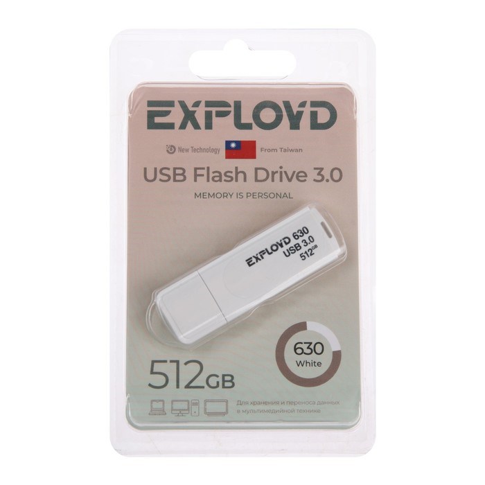 Флешка Exployd 630, 512 Гб, USB3.0, чт до 70 Мб/с, зап до 20 Мб/с, белая - фото 51380056