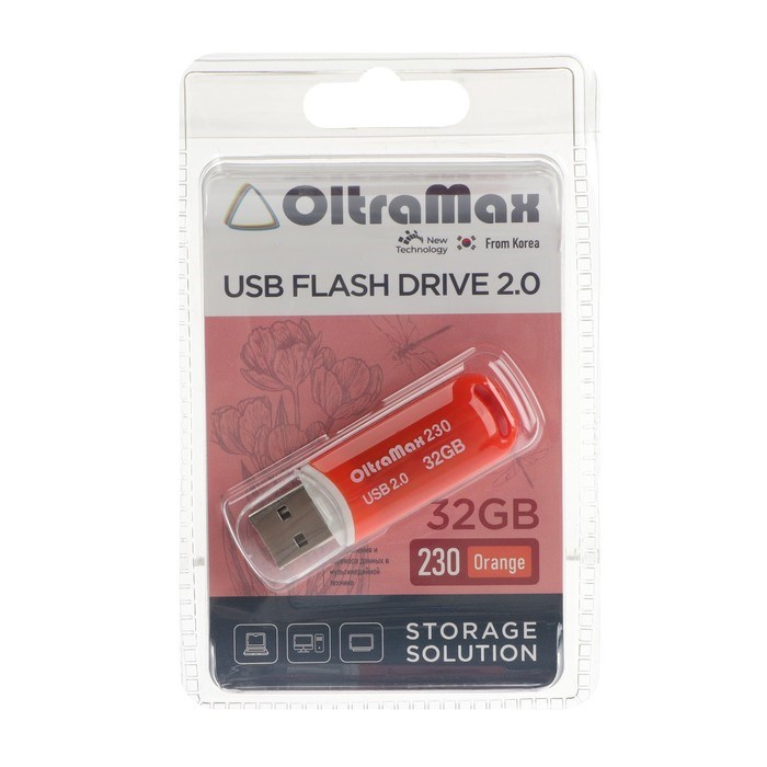 Флешка OltraMax 230, 32 Гб, USB2.0, чт до 15 Мб/с, зап до 8 Мб/с, оранж - фото 51380318