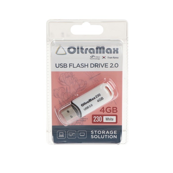 Флешка OltraMax 230, 4 Гб, USB2.0, чт до 15 Мб/с, зап до 8 Мб/с, белая - фото 51380591