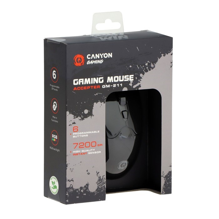 Мышь CANYON Accepter GM-211, игровая, проводная, оптическая, 7200 dpi, USB, 1.65 м, черная - фото 51381494