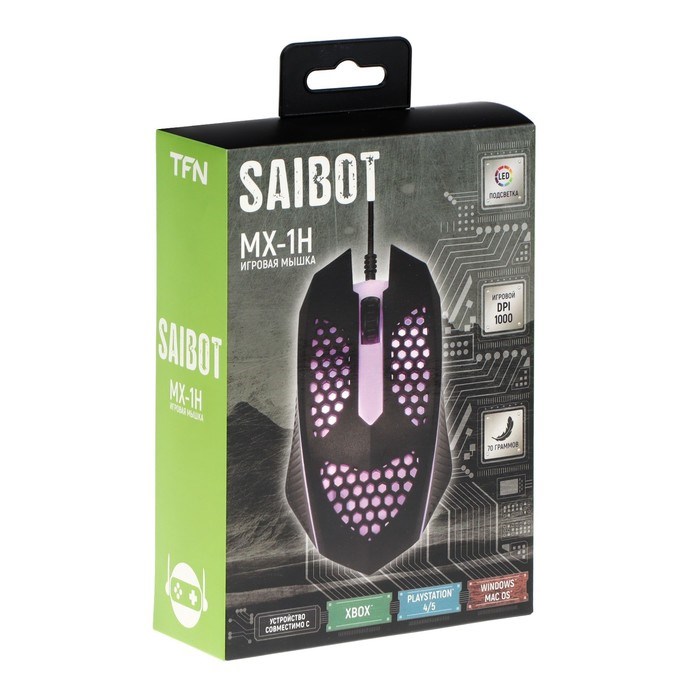 Мышь Saibot MX-1H, игровая, проводная, 1200 dpi, USB, подсветка, чёрная - фото 51382757