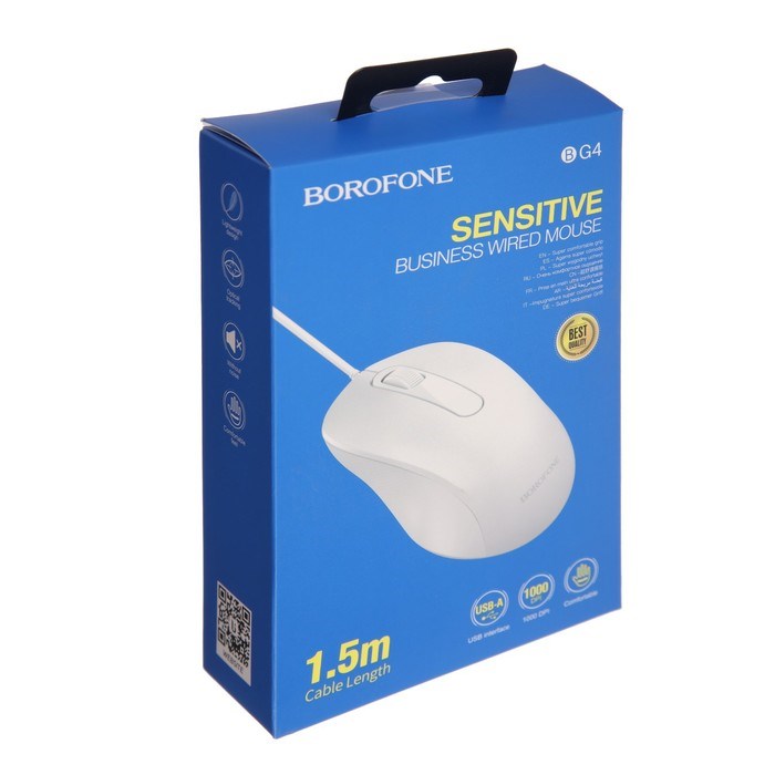 Мышь Borofone BG4, проводная, оптическая, 1000 dpi, 1.5 м, USB, белая - фото 51382895