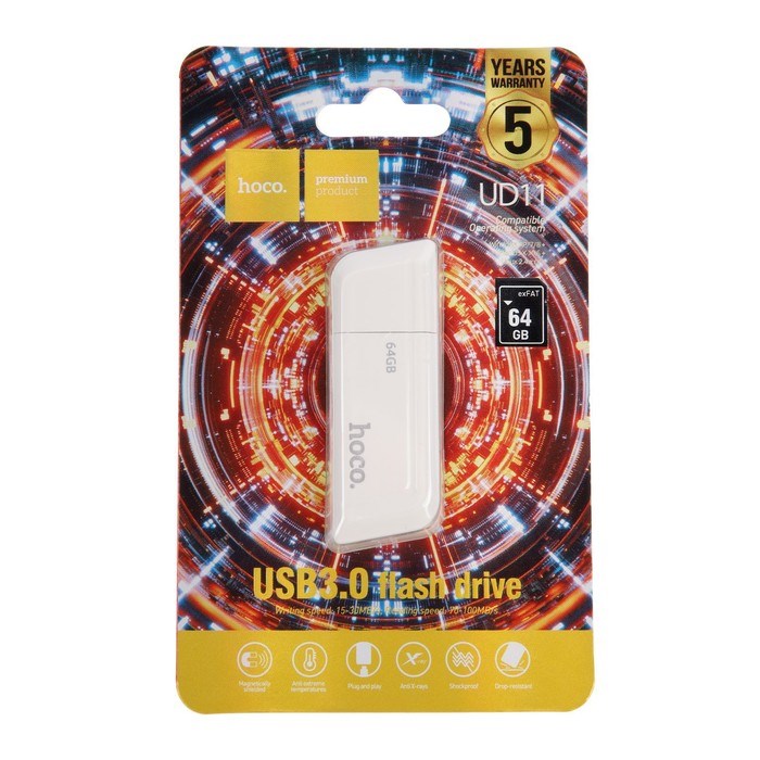 Флешка Hoco UD11 Wisdom, 64 Гб, USB3.0, чт до 100 Мб/с, зап до 30 Мб/с, белая - фото 51382965