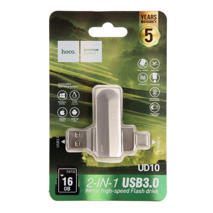 Флешка OTG Hoco UD10 Wise, 16 Гб, USB3.0, USB/Type-C, чт до 120 Мб/с, зап до 30 Мб/с, металл - фото 51382971