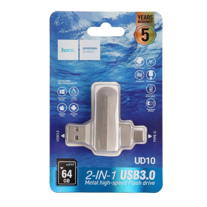 Флешка OTG Hoco UD10 Wise, 64 Гб, USB3.0, USB/Type-C, чт до 120 Мб/с, зап до 30 Мб/с, металл - фото 51382983