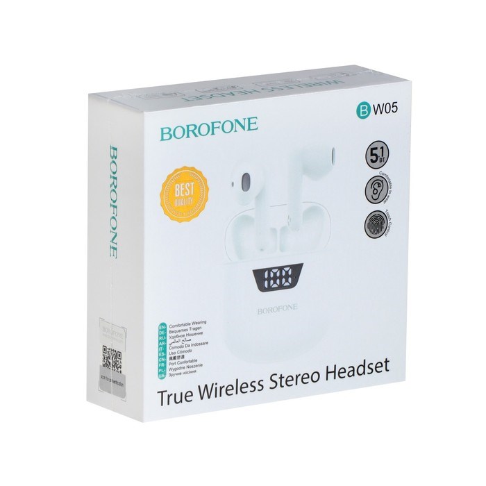 Наушники Borofone BW05 Pure, TWS, вкладыши, Bluetooth 5.1, 30/250 мАч, дисплей, белые - фото 51383025