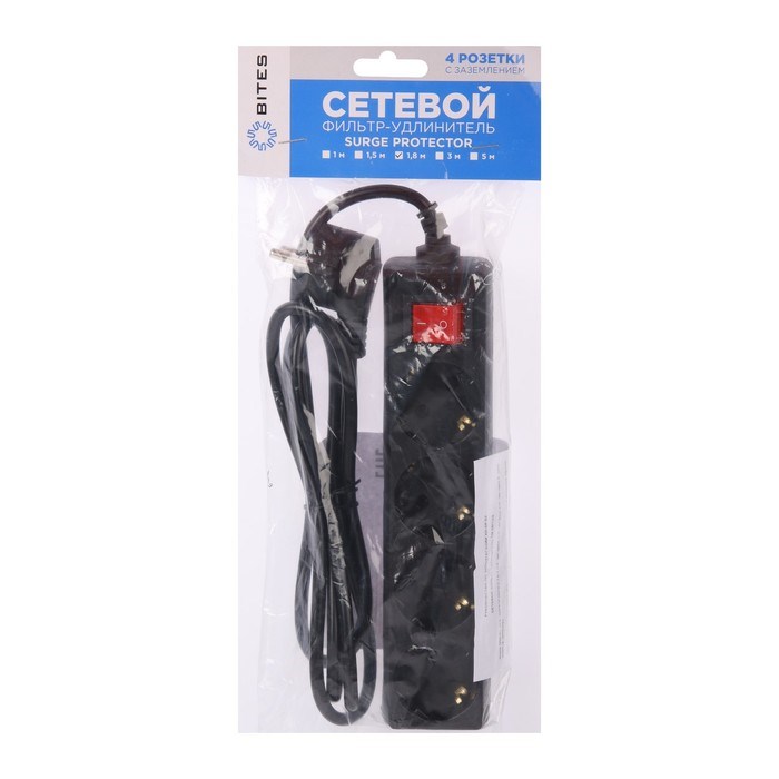 Сетевой фильтр 5bites SP4B-218 4S, 4 розетки, 1.8 м, 10 А, 3х0.75 мм2, с выкл., черный - фото 51384338