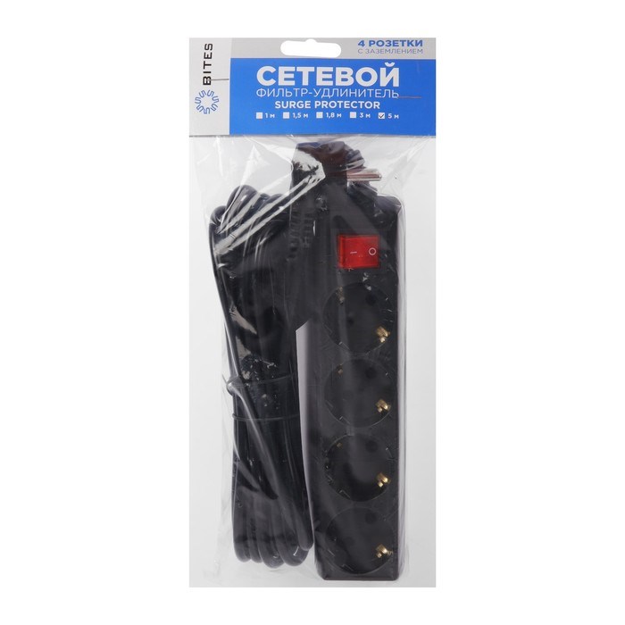 Сетевой фильтр 5bites SP4B-250 4S, 4 розетки, 5 м, 10 А, 3х0.75 мм2, с з/к, с выкл., черный - фото 51384350