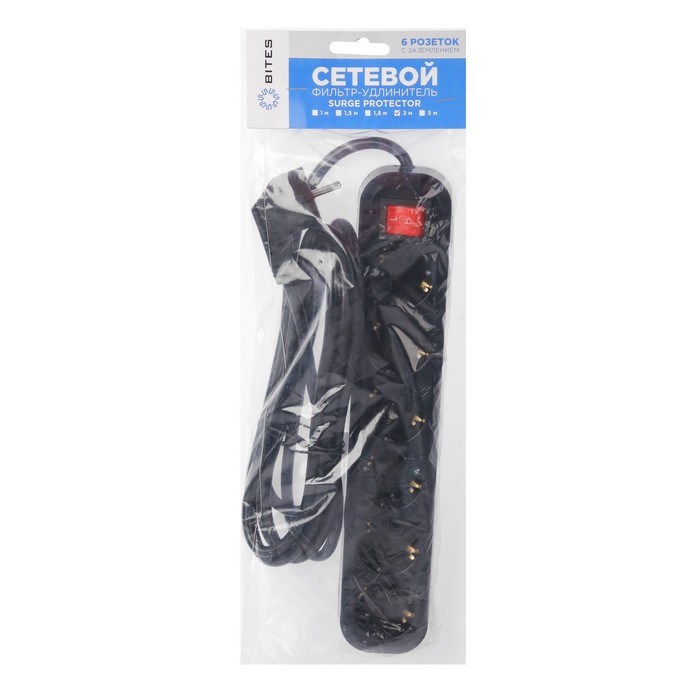 Сетевой фильтр 5bites SP6B-330 6S, 6 розеток, 3 м, 16 А, 3х1.5 мм2, с з/к, с выкл., черный - фото 51384392