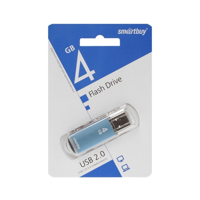 Флешка Smartbuy V-Cut, 4 Гб, USB 2.0, чт до 25 Мб/с, зап до 15 Мб/с, синяя - фото 51384535