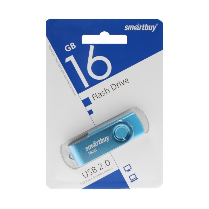 Флешка Smartbuy Twist, 16 Гб, USB 2.0, чт до 25 Мб/с, зап до 15 Мб/с, синяя - фото 51384545