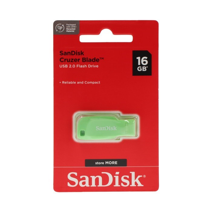 Флешка SanDisk Cruzer Blade, 16 Гб, USB 2.0, чт до 16 Мб/с, зап до 4 Мб/с, зеленая - фото 51384624 Флешка SanDisk Cruzer Blade, 16 Гб, USB 2.0, чт до 16 Мб/с, зап до 4 Мб/с, зеленая - фото 51384624