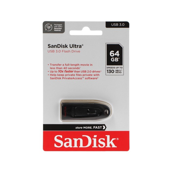 Флешка SanDisk Ultra, 64 Гб, USB 3.0, чт до 100 Мб/с, зап до 40  Мб/с, черная - фото 51384632