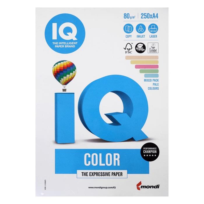 Бумага цветная А4 250 л, IQ COLOR, 80 г/м2, 20,23,25,28,30 по 50 л - фото 51384849