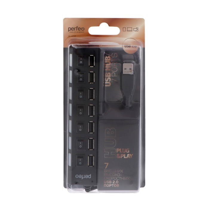 Разветвитель USB (Hub) Perfeo H033, 7 портов, USB 2.0, чёрный - фото 51386332