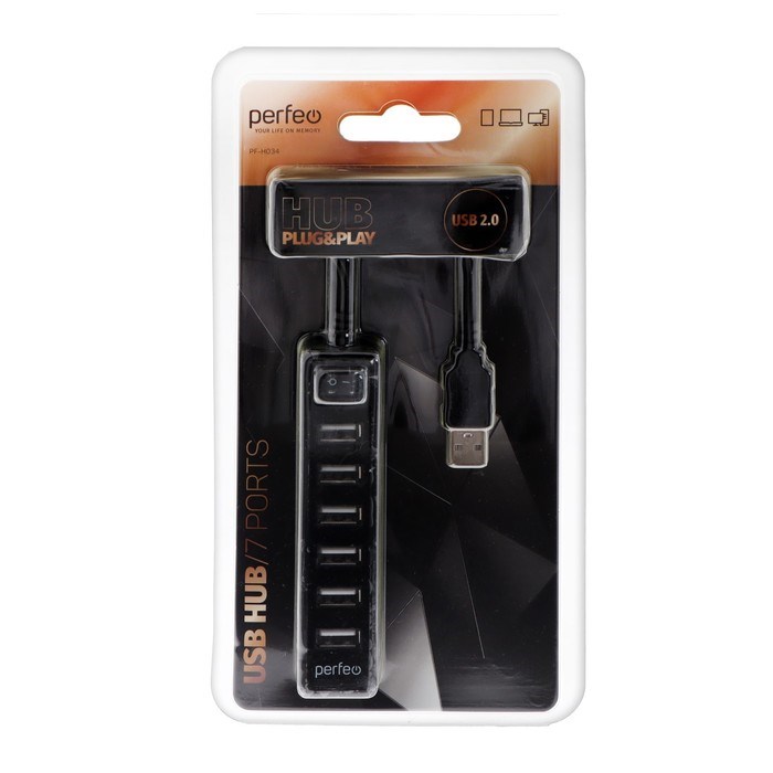 Разветвитель USB (Hub) Perfeo H034, 7 портов, USB 2.0, чёрный - фото 51386337