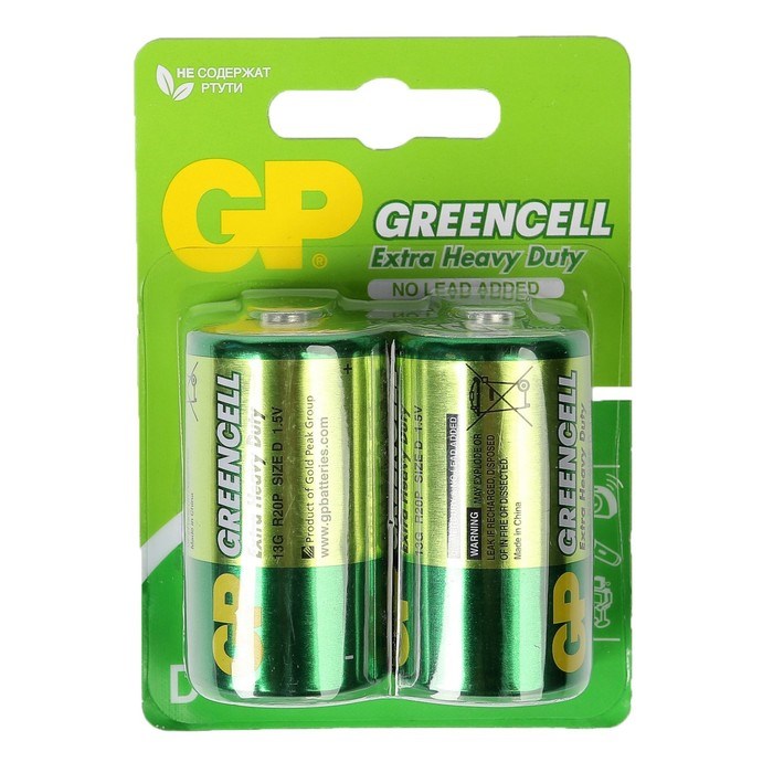 Батарейка солевая GP Greencell Extra Heavy Duty, D, R20-2BL, 1.5В, блистер, 2 шт. - фото 51386759