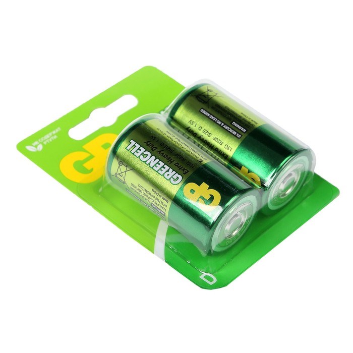 Батарейка солевая GP Greencell Extra Heavy Duty, D, R20-2BL, 1.5В, блистер, 2 шт. - фото 51386760