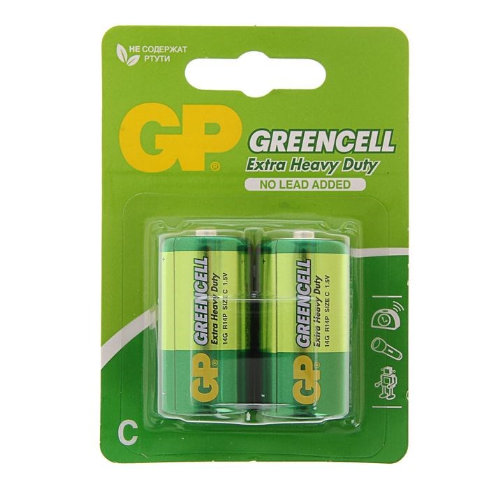 Батарейка солевая GP Greencell Extra Heavy Duty, С, R14-2BL, 1.5В, блистер, 2 шт. - фото 51386766