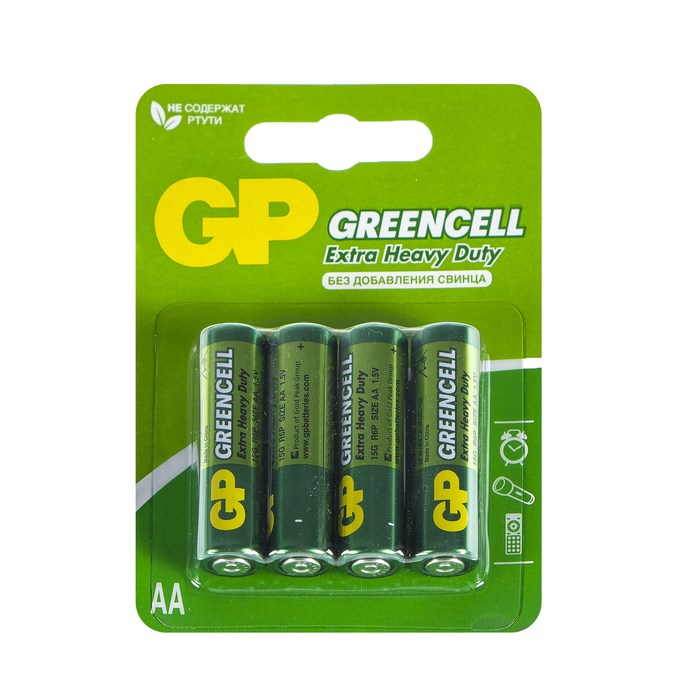 Батарейка солевая GP Greencell Extra Heavy Duty, AA, R6-4BL, 1.5В, блистер, 4 шт. - фото 51386774