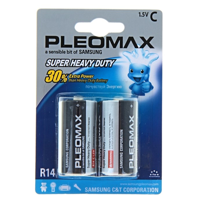 Батарейка солевая Pleomax Super Heavy Duty, С, R14-2BL, 1.5В, блистер, 2 шт. - фото 51386956