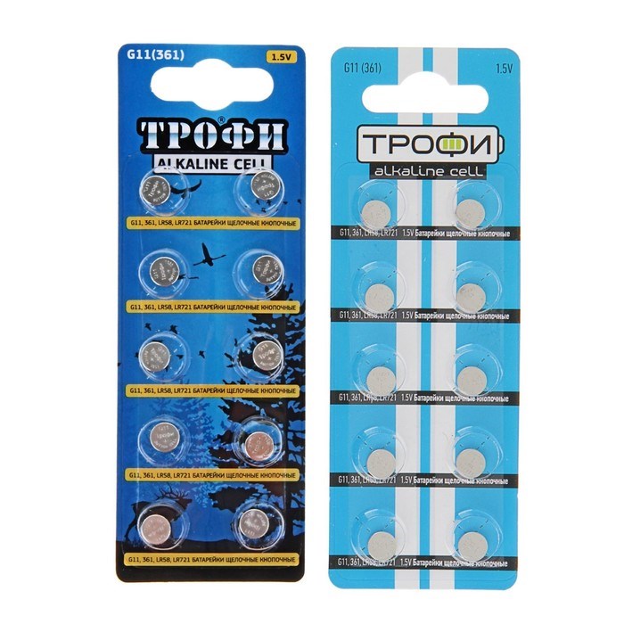 Батарейка алкалиновая "Трофи" Alkaline Cell, G11 (361, LR721, LR58)-10BL, 1.5В,блистер,10 шт. - фото 51387010