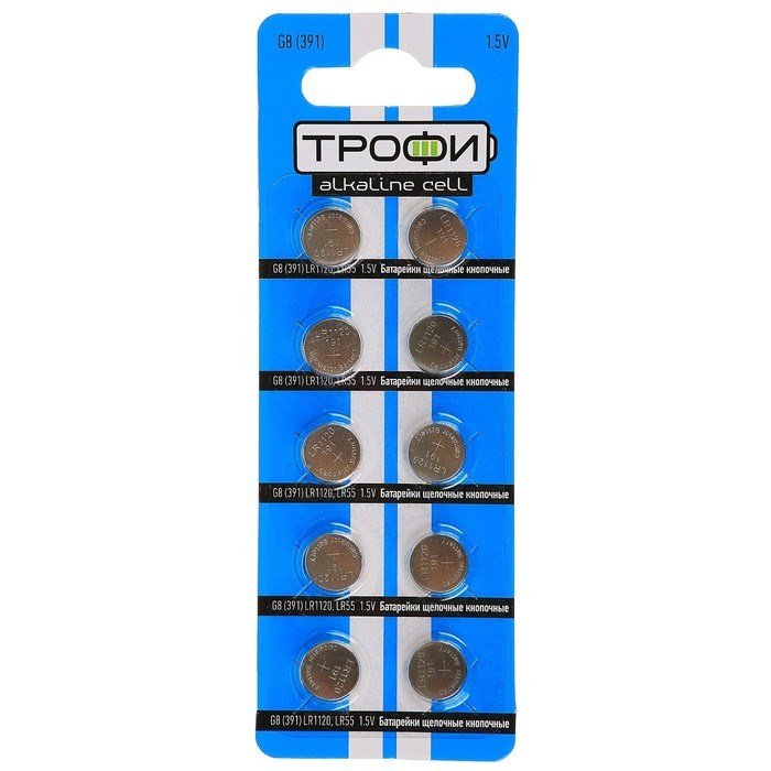 Батарейка алкалиновая "Трофи" Alkaline Cell, G8 (391, LR1120, LR55)-10BL, 1.5В,блистер,10 шт. - фото 51387027