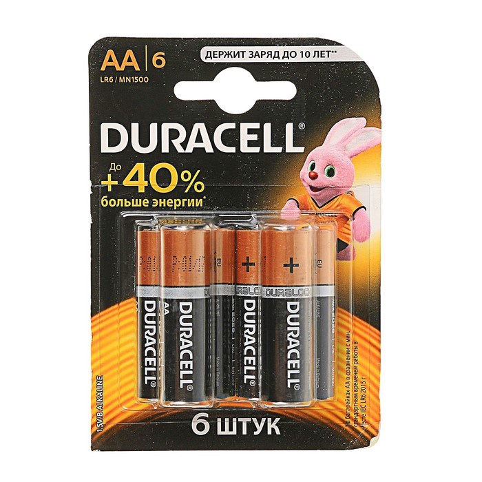 Батарейка алкалиновая Duracell Basic, AA, LR6-6BL, 1.5В, блистер, 6 шт. - фото 51387092