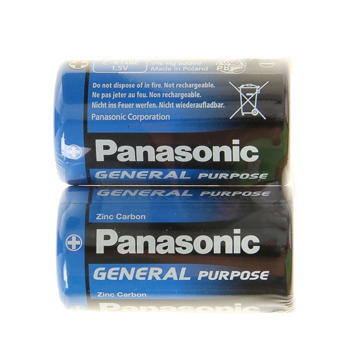 Батарейка солевая Panasonic General Purpose, C, R14-2S, 1.5В, спайка, 2 шт. - фото 51387102