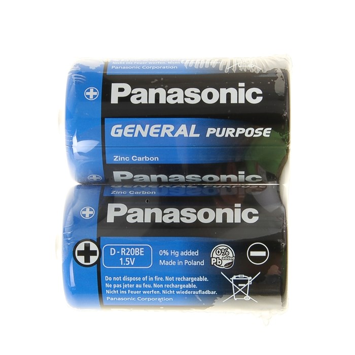 Батарейка солевая Panasonic General Purpose, D, R20-2S, 1.5В, спайка, 2 шт. - фото 51387110