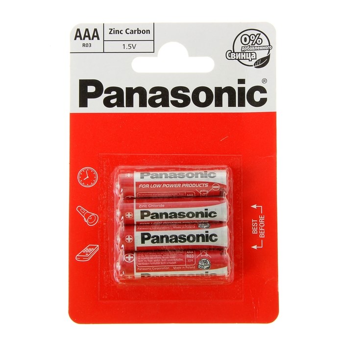 Батарейка солевая Panasonic Zinc Carbon, AAA, R03-4BL, 1.5В, блистер, 4 шт. - фото 51387111