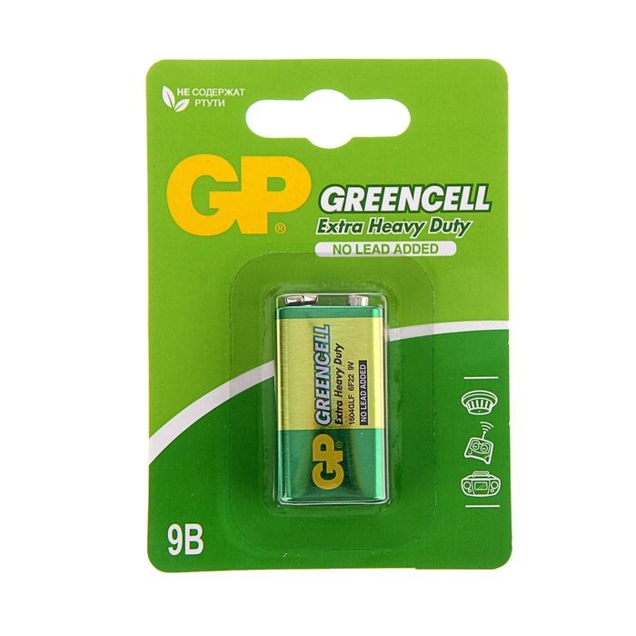 Батарейка солевая GP Greencell Extra Heavy Duty, 6F22-1BL, 9В, крона, блистер, 1 шт. - фото 51387153